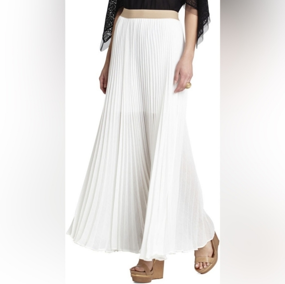 BCBGMaxAzria ESTEL Sunburst Pleated Maxi Skirt Womens White Partially Lined, XS